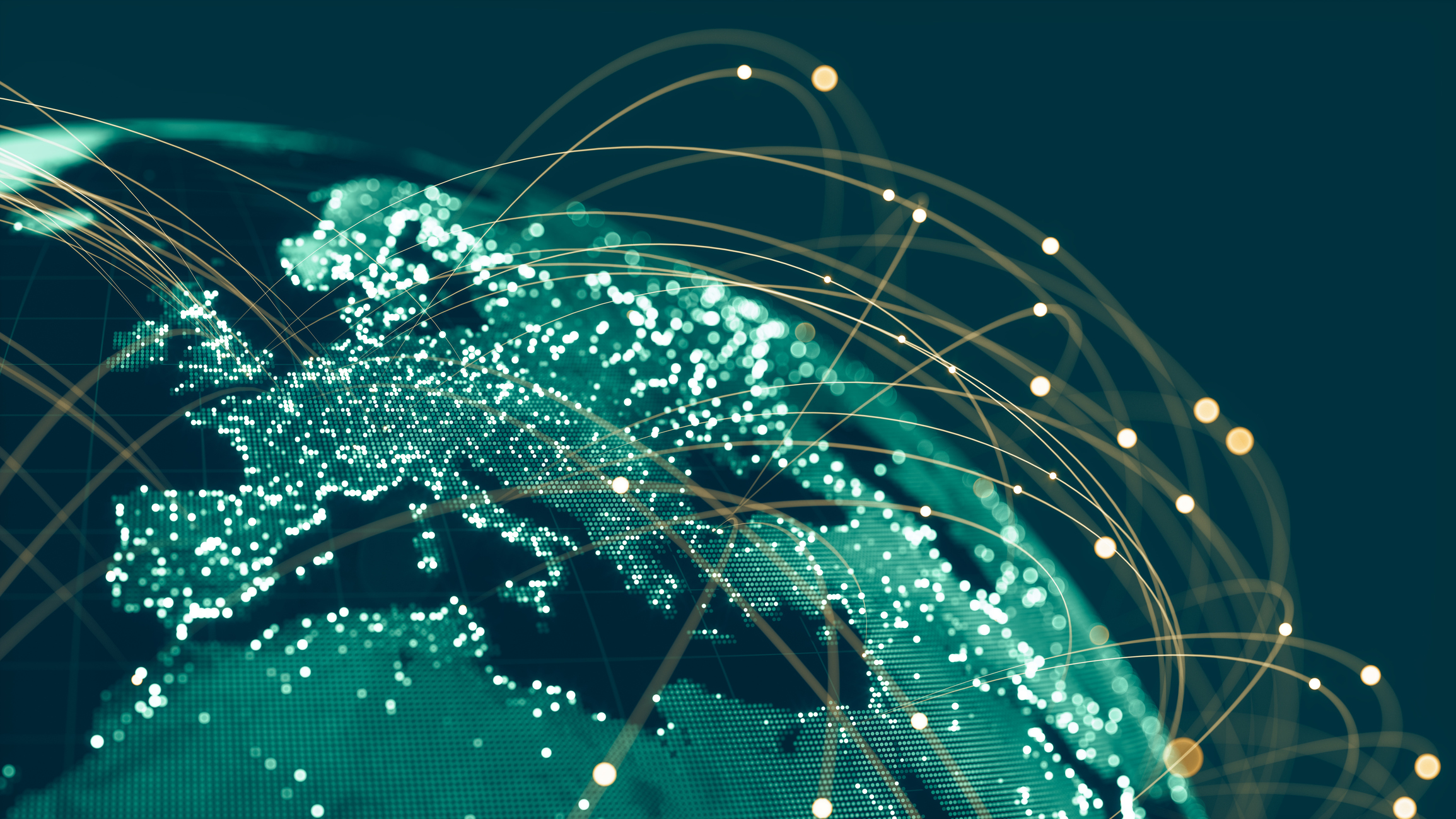 L'immagine rappresenta una rete di comunicazione globale rappresentato dalla terra nello spazio con connessioni tra i punti della terra