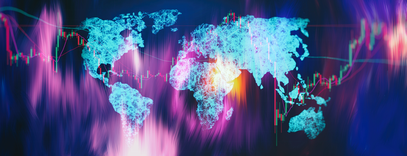 L'immagine rappresenta la mappa del mondo su sfondo sfumato di blu e fucsia con colori accesi