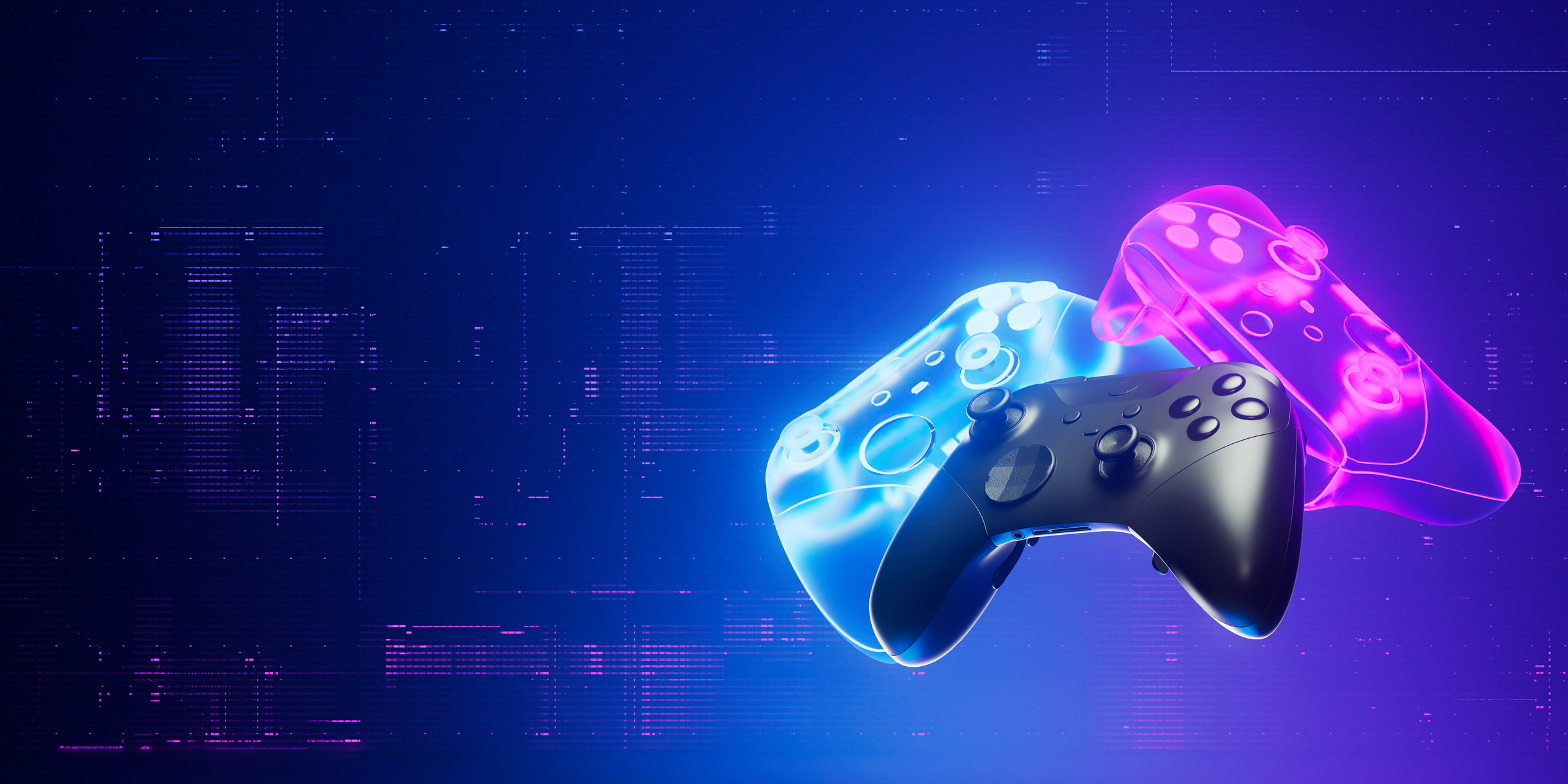 L'immagine rappresenta tre controller fosforescenti su sfondo blu