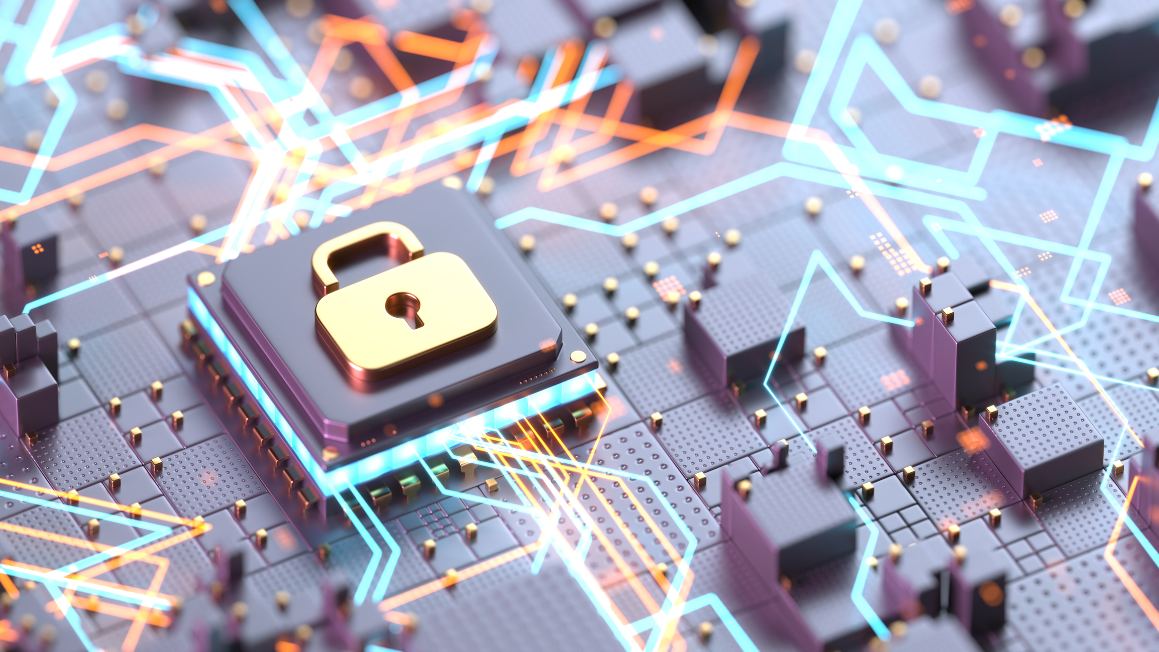 Illustrazione 3D di un microchip futuristico con un lucchetto dorato che simboleggia la sicurezza informatica, la crittografia e la protezione dei dati. Ideale per concetti di tecnologia, sicurezza digitale e privacy di rete.