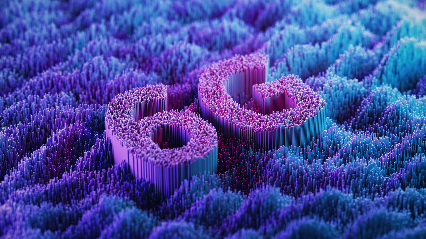 Sistema di connessione dati 6G su un paesaggio digitale astratto. Sicurezza dei big data. Tecnologia wireless. Colori cyberpunk. Viola-blu. Forma a blocco. Modello a onda. Analisi digitale.